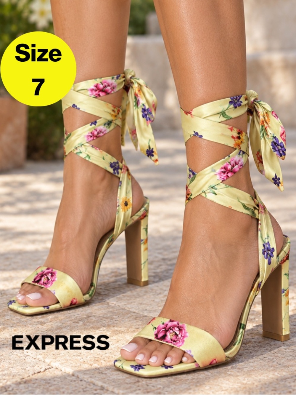 2/for $20 🪩 EXPRESS Yellow Floral Block Heels, Satin Wraparound Straps (Size 7)